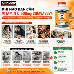 Viên nhai Vitamin C Kirkland Signature 500mg hỗ trợ làm đẹp da, tăng đề kháng 500 viên