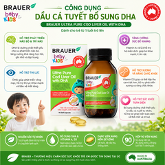 Dầu cá Tuyết bổ sung DHA Brauer Ultra Pure Cod Liver Oil dầu cá cho trẻ từ 1 tuổi dạng 90 viên nang