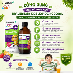 Siro bổ sung kẽm Brauer Baby Kids Liquid Zinc 200mL hỗ trợ trẻ biếng ăn cho trẻ từ 1 tuổi