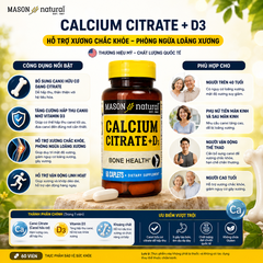 Viên uống canxi hữu cơ Mason Natural Calcium Citrate + D3 hỗ trợ xương chắc khỏe, phòng ngừa loãng xương 60 viên