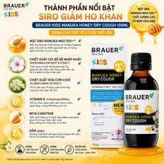 Siro giảm ho khan Brauer Kids Manuka Honey Dry Cough 100ml cho trẻ từ 2 tuổi trở lên