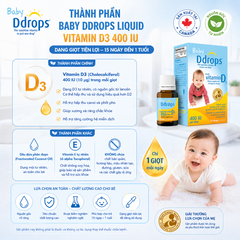 Baby Ddrops Liquid Vitamin D3 400 IU bổ sung vitamin d3 cho trẻ sơ sinh và trẻ nhỏ dạng giọt 15 ngày -t1 tuổi