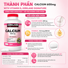 Viên uống chắc khỏe xương Calcium 600mg with Vitamin D3 Kirkland Signature 500 viên - Hàng Mỹ Chính Hãng