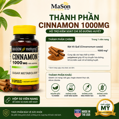 Mason Natural Cinamon 1000mg hộp 50 viên Hỗ trợ kiểm soát chỉ số đường huyết (50 viên)