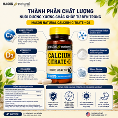 Viên uống canxi hữu cơ Mason Natural Calcium Citrate + D3 hỗ trợ xương chắc khỏe, phòng ngừa loãng xương 60 viên