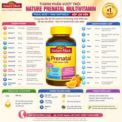 Vitamin tổng hợp cho bà bầu nature Prenatal Multivitamin Folic Acid + DHA Softgels hộp 150 viên nội địa Mỹ