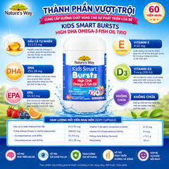 Viên nhai dầu cá ba màu Nature's Way kids smart bursts high DHA omega-3 fish Oil trio hỗ trợ tốt cho não bộ và mắt cho bé 60 viên