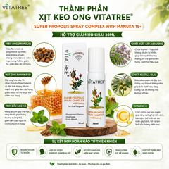 Xịt keo ong Vitatree Super Propolis Spray Complex With Manuka 15+ hỗ trợ giảm ho chai 30ml