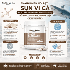 Sụn vi cá Healthy Care shark cartilage 750mg hỗ trợ xương khớp hộp 200 viên
