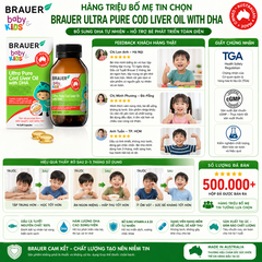 Dầu cá Tuyết bổ sung DHA Brauer Ultra Pure Cod Liver Oil dầu cá cho trẻ từ 1 tuổi dạng 90 viên nang