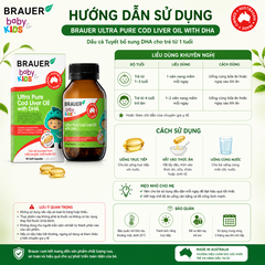 Dầu cá Tuyết bổ sung DHA Brauer Ultra Pure Cod Liver Oil dầu cá cho trẻ từ 1 tuổi dạng 90 viên nang