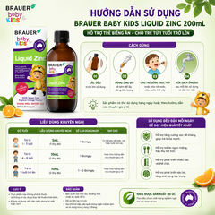 Siro bổ sung kẽm Brauer Baby Kids Liquid Zinc 200mL hỗ trợ trẻ biếng ăn cho trẻ từ 1 tuổi