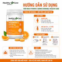 Viên nhai Vitamin C 500mg Chewable Healthy Care hỗ trợ làm đẹp da, tăng đề kháng 500 viên