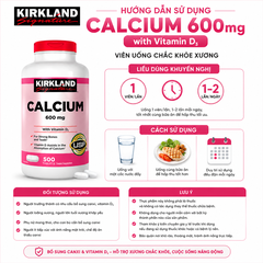 Viên uống chắc khỏe xương Calcium 600mg with Vitamin D3 Kirkland Signature 500 viên - Hàng Mỹ Chính Hãng