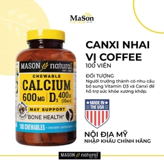 Viên Nhai Bổ Sung Canxi và Vitamin D3 Hỗ Trợ Xương Chắc Khỏe, Tăng Chiều Cao Mason Nature Calcium 600MG + D3 Hộp 100v