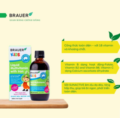 Siro vitamin tổng hợp và sắt cho trẻ từ 3 tuổi brauer liquid multivitamin with iron tăng đề kháng chai 200ml