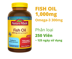 Dầu cá Nature Made Fish Oil 1000mg (300mg Omega-3) 250 viên hỗ trợ sáng mắt, tim mạch, huyết áp trí não