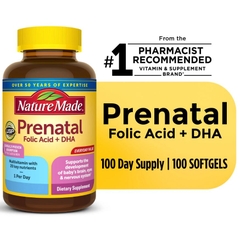 Vitamin tổng hợp cho bà bầu mỹ nature made prenatal with folic acid and dha giúp phát triển não bộ, hệ thần kinh, xương và mắt của bé, hỗ trợ sức khỏe tổng thể của mẹ 100 viên