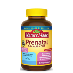 Vitamin tổng hợp cho bà bầu mỹ nature made prenatal with folic acid and dha giúp phát triển não bộ, hệ thần kinh, xương và mắt của bé, hỗ trợ sức khỏe tổng thể của mẹ 100 viên