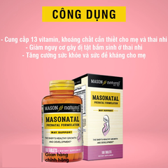 Viên Uống Tổng Hợp Vitamin Cho Bà Bầu MASON NATURAL Prenatal Formulation 100 Viên Cho Phụ Nữ Mang Thai Và Cho Con Bú