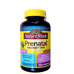 Vitamin tổng hợp cho bà bầu mỹ nature made prenatal with folic acid and dha giúp phát triển não bộ, hệ thần kinh, xương và mắt của bé, hỗ trợ sức khỏe tổng thể của mẹ 100 viên