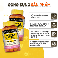 Viên Uống Sắt Cho Bà Bầu MASON NATURAL Ferrouse Gluconate Giúp Bổ Máu, Tăng Tế Bào Hồng Cầu, Không Tanh 100 Viên