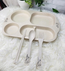 KHAY ĂN DẶM KÈM MUỖNG NĨA ĐŨA NHỰA BỘT LÚA MẠCH AN TOÀN CHO BÉ (3)