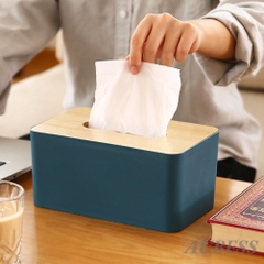 HỘP ĐỰNG GIẤY ĂN GIẤY RÚT NÂP GỖ SANG TRỌNG MÀU XANH (2)