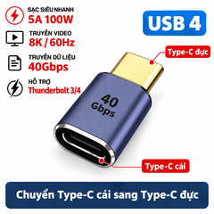 Đầu Chuyển USB4 Type-C Cái Sang Type-C Đực – Adapter USB-C 40Gbps, Sạc Nhanh 100W, Hỗ Trợ Thunderbolt 3/4, Truyền Video 8K
