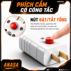 Phích Cắm Điện Có Công Tắc - Hạn Chế Tia Lửa Điện 10A 250VCC