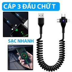 Cáp Sạc 3 Đầu X3 Chữ T Dây Lò Xo Dài 1.8 Mét Sạc Nhanh 66W Chất Liệu TPE
