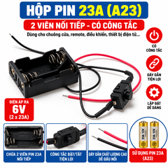 Hộp Pin 23A A23 2 Ngăn Nối Tiếp 6V Có Công Tắc – Vỏ Pin Kèm Dây Dẫn, Đế Pin 23A