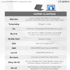 Laptop LG Gram 2023 14Z90R-G.AH75A5 - Core i7 1360P/ 16GB/ 512GB SSD/ Intel Iris Xe Graphics/ 14.0inch