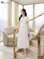 Set linen áo cổ sen hoa mai + chân váy xòe UKBD2606006 ( Cả áo + chân váy )