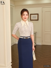 Áo thun kẻ phối lá cổ trụ thanh lịch, nhã nhặn NKAT2508003