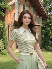Áo thun kẻ cổ trụ phối lá cổ NKAT2603003