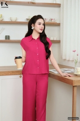 Bộ đồ đũi lanh sơ mi vạt tròn mặc nhà, đi chơi đều thoải mái, tự tin NKBD2505006