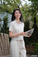 Bộ đồ sơ mi Linen chấm bi + quần ống rộng cạp chun dễ mặc, trẻ trung ( Bao gồm cả áo + quần ) NKBD2504005