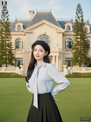 Sơ mi cổ tàu vạt nơ điệu đà, nữ tính UNSM2509006