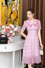 Đầm Tơ Hoa Xòe Cổ Kép Phối NK Fashion Chất Lụa Nhập Khẩu Từ Hàn Cao Cấp, Siêu Mềm Mại NKDV2212001