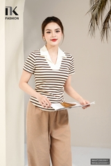 Áo thun kẻ phối cổ ve nhún eo trẻ trung, mới lạ NKAT2502001