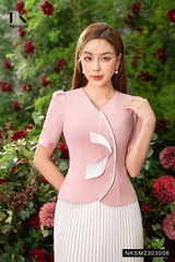 Áo Sơ Mi Dáng Ôm Cổ V Phối Nẹp Hoa Gập NKSM2303008