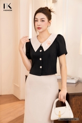 Áo Sơ Mi Cộc Tay Cổ V Là Cổ Phối Cúc Bọc NKSM2305034