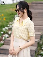 Sơ mi chấm bi xếp cổ lá, kiểu cách mới, thời trang NKSM2604016