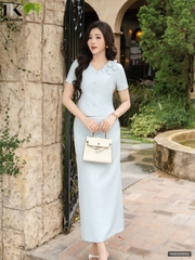Set áo cổ tim hoa laze + chân váy vút chì dài NKBD2606002