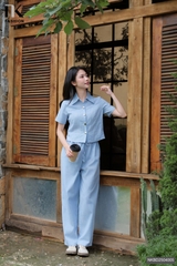 Bộ đồ sơ mi Linen chấm bi + quần ống rộng cạp chun dễ mặc, trẻ trung ( Bao gồm cả áo + quần ) NKBD2504005