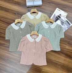 Sơ mi kẻ phối cổ ren điệu đà, nữ tính, dễ thương NKFSM2403014