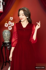 Đầm Nhung Xếp Nơ Ngực Độc Đáo, Lạ Mắt NKDV2312006
