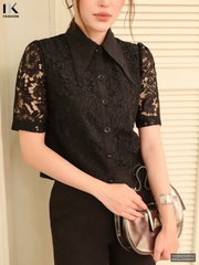 Sơ mi ren croptop phối gấu nẹp cổ xinh xắn, điệu NKSM2508002