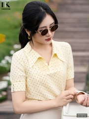 Sơ mi chấm bi xếp cổ lá, kiểu cách mới, thời trang NKSM2604016